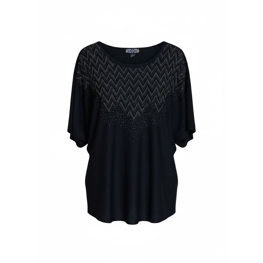 Madison Chevron Silver Stud Scoop Neck Short Sleeve Knit Sweater Black Size XL